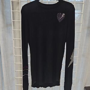 Lauren Moshi Black Long-Sleeve Rhinestone Heart & Lightning Tee FAB